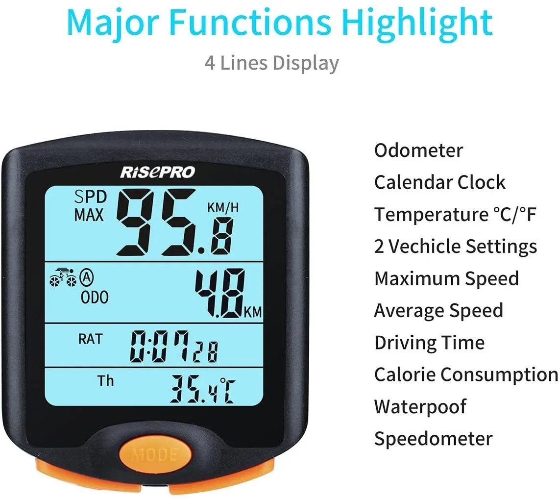 RISEPRO Bike Computer, Wireless Bicycle Speedometer Bike Odometer Cycling Multi Function Waterproof 4 Line Display with Backlight YT-813
