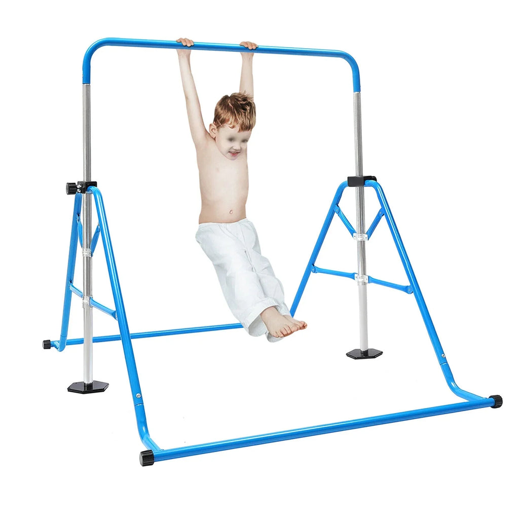 ZhdnBhnos Adjustable Kids Gymnastics Horizontal Bar Folding Junior Training Bar For Home Gym Max Load 100kg/220.5lbs Blue