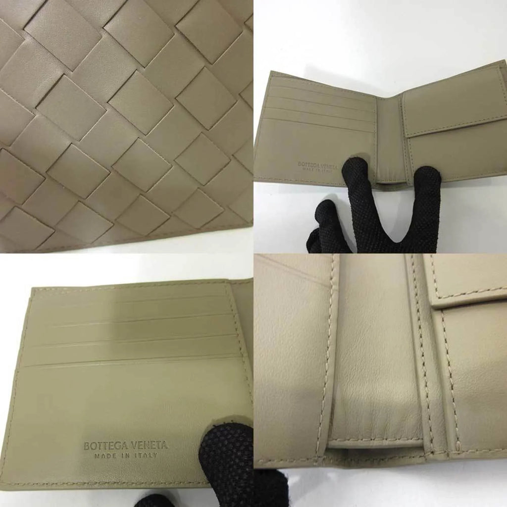 Pre-Owned Bottega Veneta Wallet Mini Folded Beige Greige Intrecciato Square Women's Men's Calf (Like New)