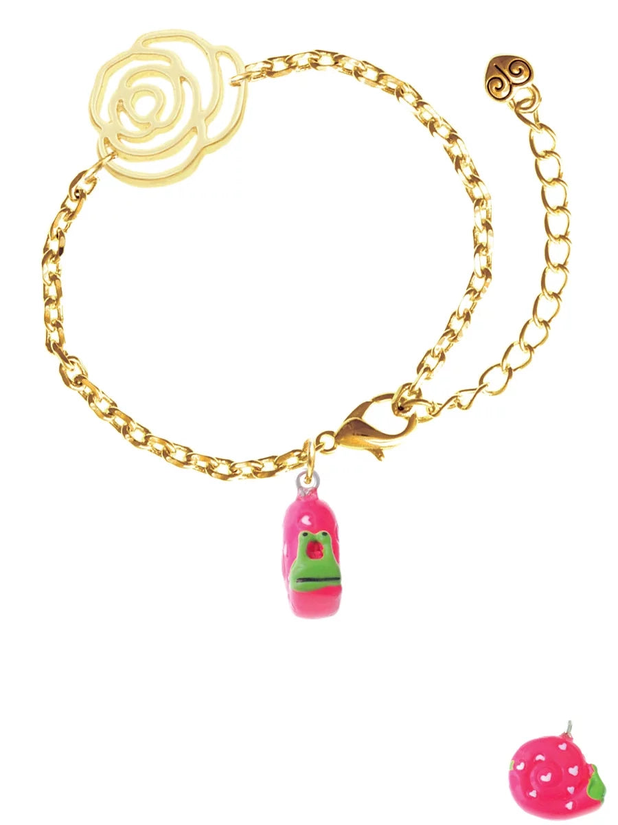 Delight Jewelry Resin Hot Pink Love Snail Gold-tone Flower Link Chain Bracelet, 6.75"+2" Extender