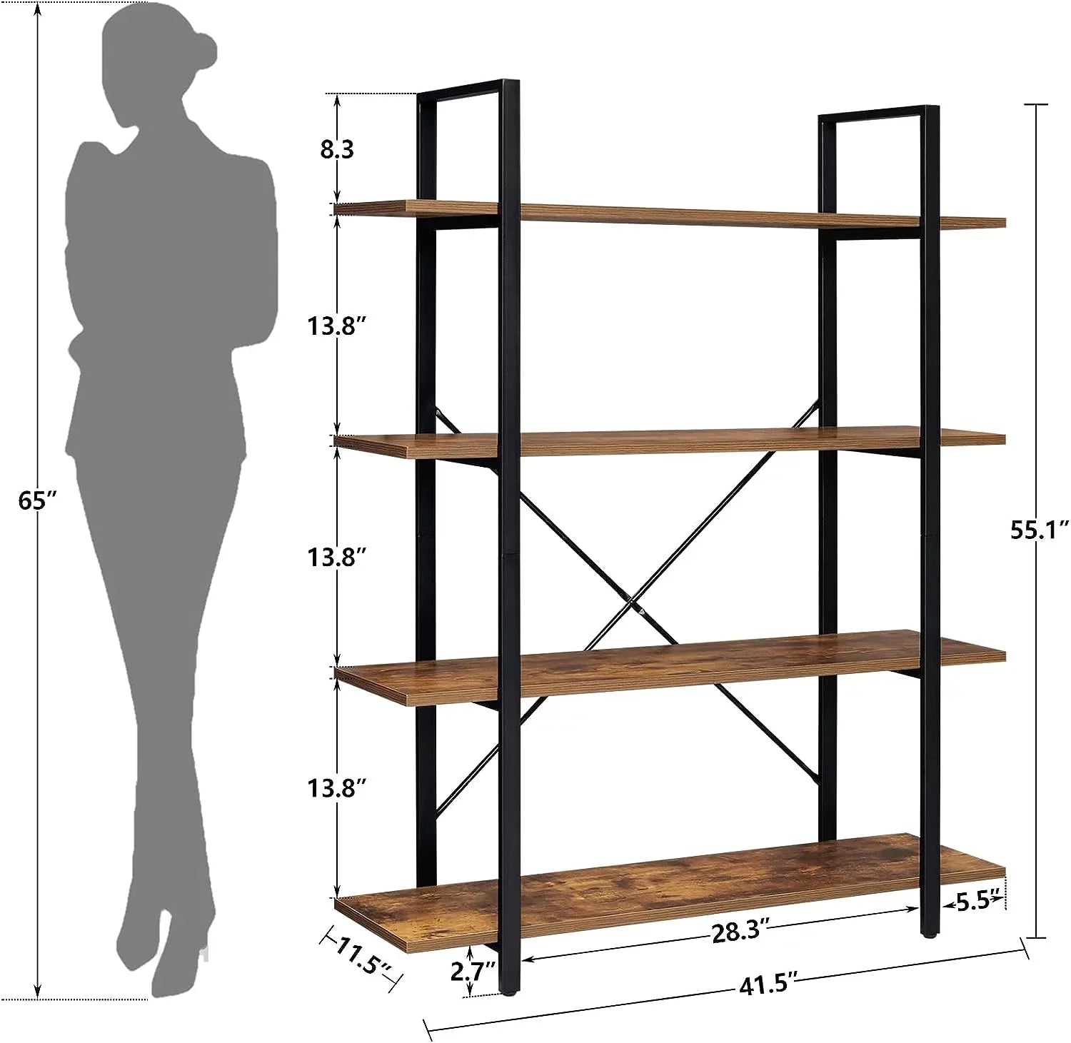 DIQIN 4-Tier Bookshelf, Tall Bookcase with Metal Frame, Book Shelf, Open Display Shelves for Living Room, Bedroom, Home Office, Rustic Brown