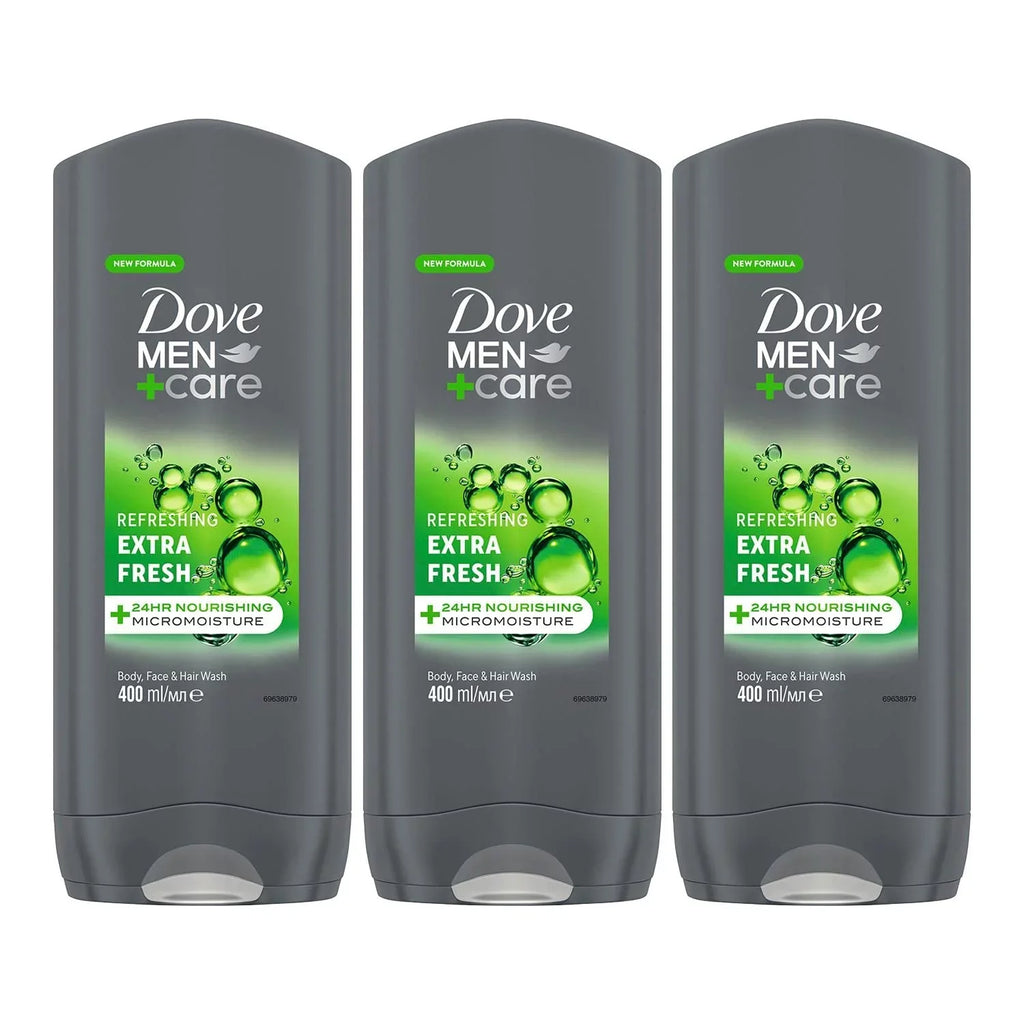 Dove Men + Care Refreshing Extra Fresh 3-In-1 Hair, Body And Face Wash Pack Of 3 With 24-Hour Nourishing Micromoisture Technology Body Wash For Men 400 Ml