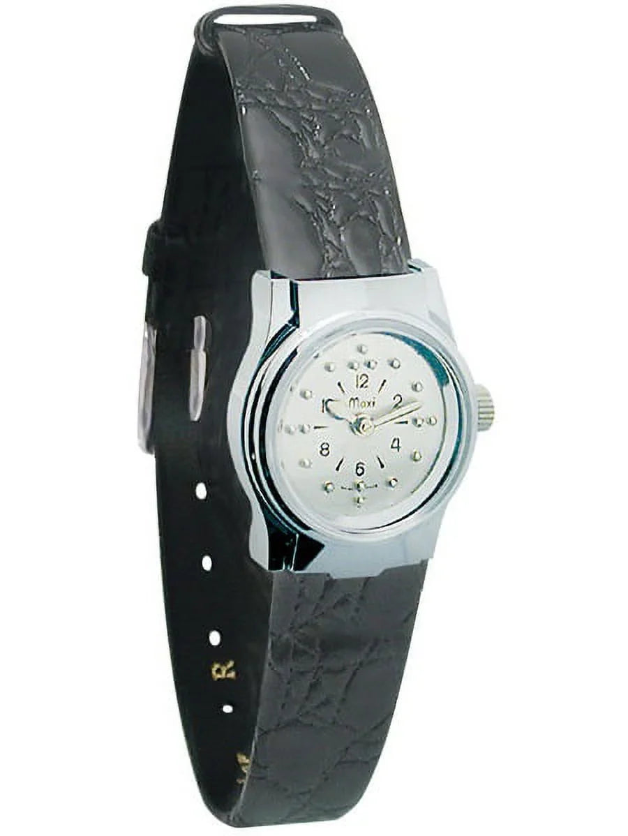 Ladies Chrome Quartz Braille Watch with Leather Band