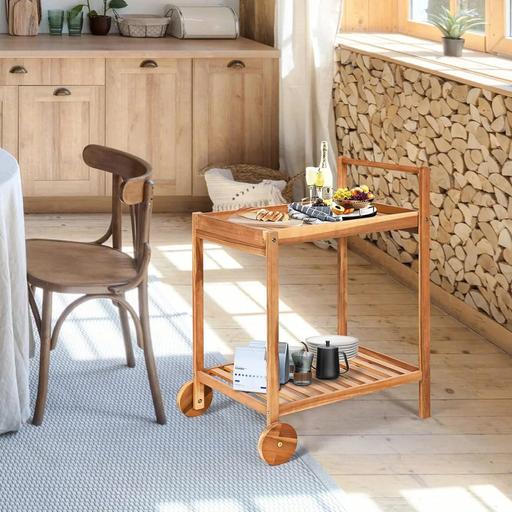 Patio Side Table on Wheels, Acacia Wood Outdoor Buffet Cart, Rolling Kitchen Island Serving Cart with Legs & Handle, 2-Tier Utility Cart for Home Kitchen Bar Garden Poolside