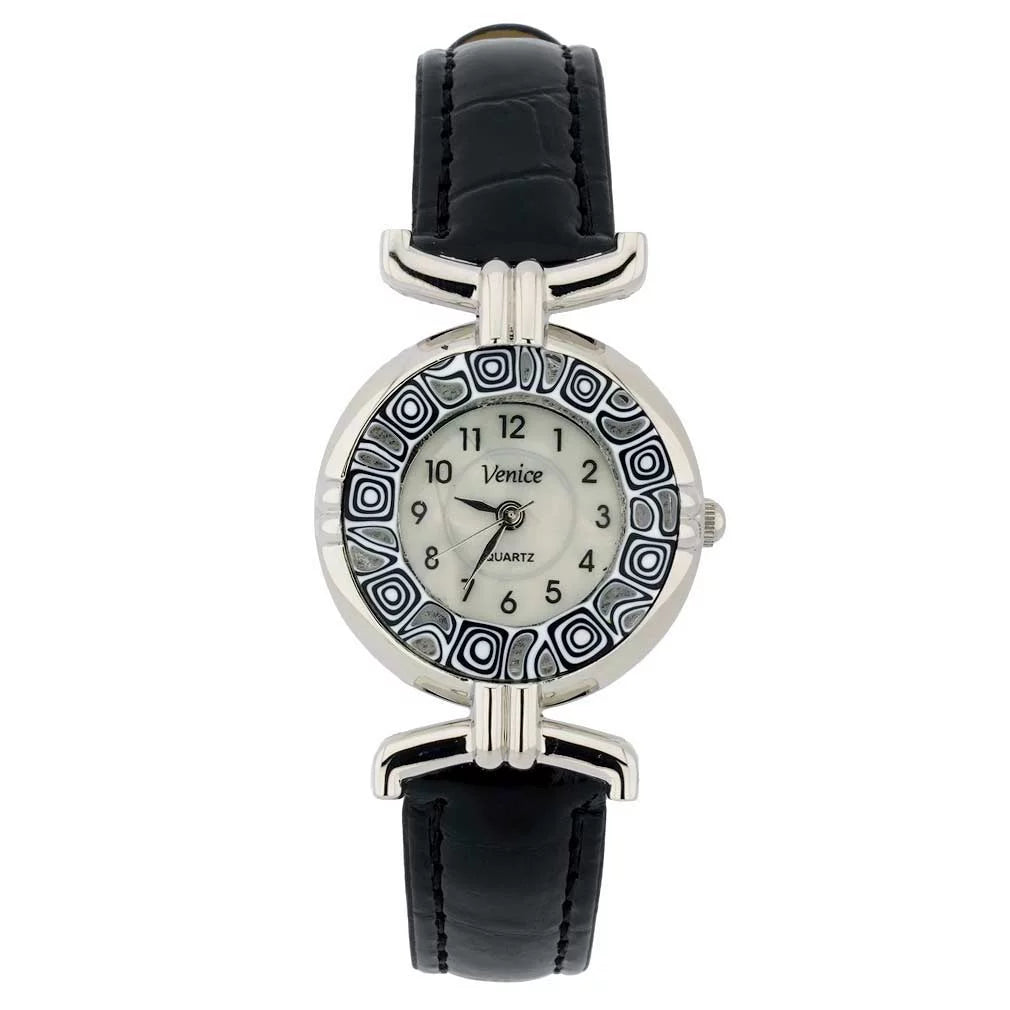 GlassOfVenice Murano Glass Millefiori Watch with Leather Band - Black
