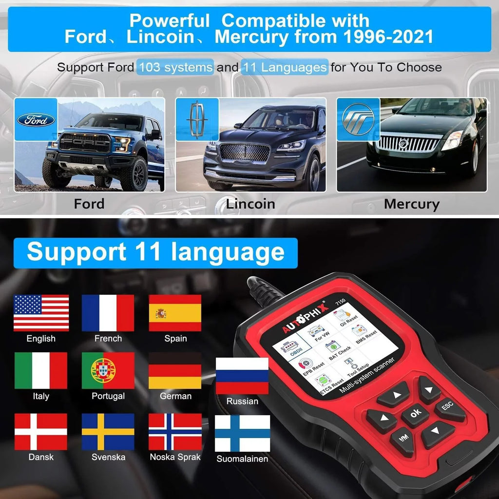 AUTOPHIX 7150 OBD2 Scanner Code Reader All Systems Automotive Diagnostic Scanner ABS Battery TPMS Reset for Ford