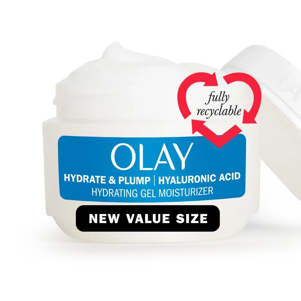 Olay Plump & Hydrate Hyaluronic Gel Face Moisturizer, 2 Oz Fragrance Free Hydrating Gel Moisturizer For Dry Skin With Hyaluronic Acid And Niacinamide, Recyclable Eco Jar Packaging