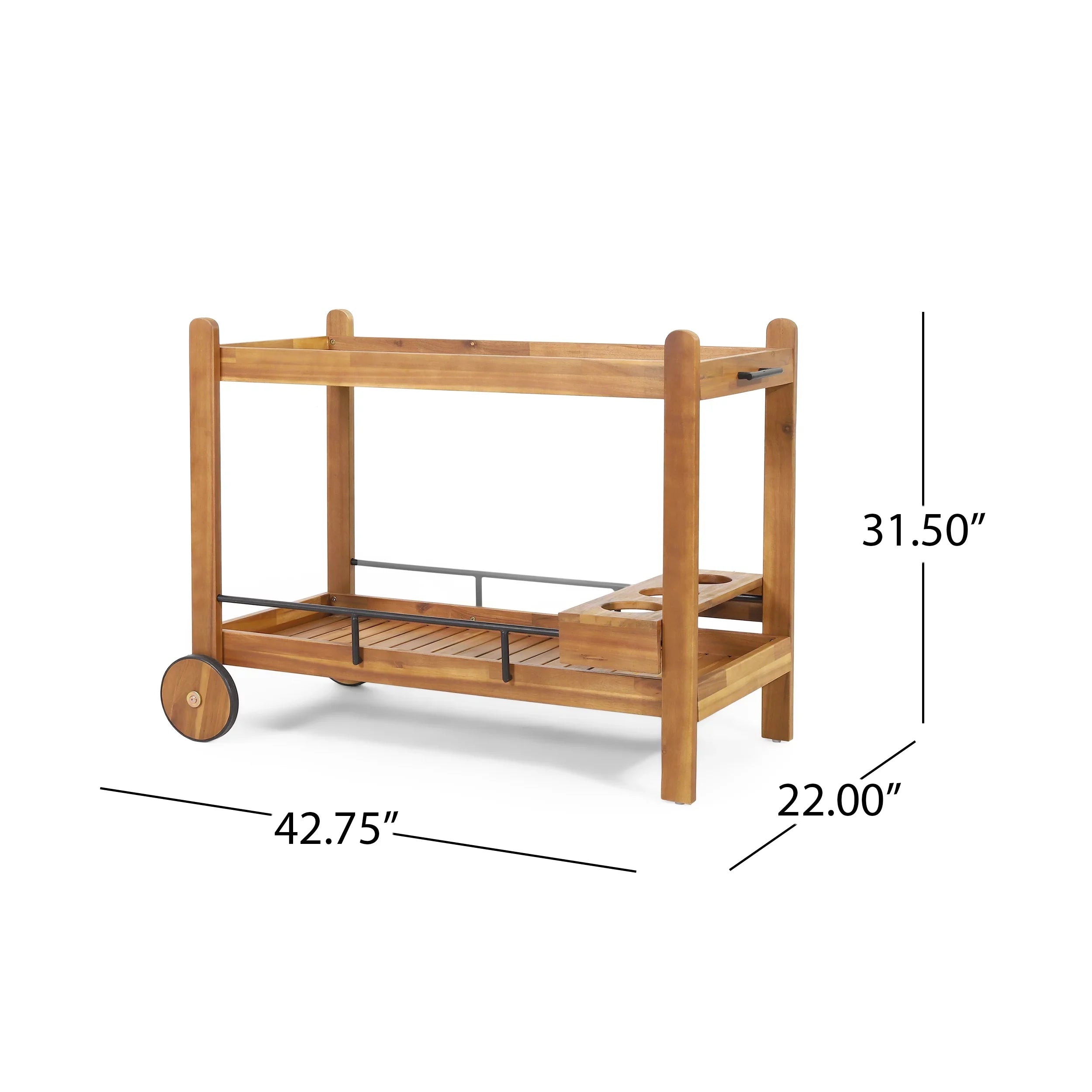 GDF Studio Bonneau Outdoor Acacia Wood 2 Tiered Bar Cart with Bottle Holders, Teak and Black