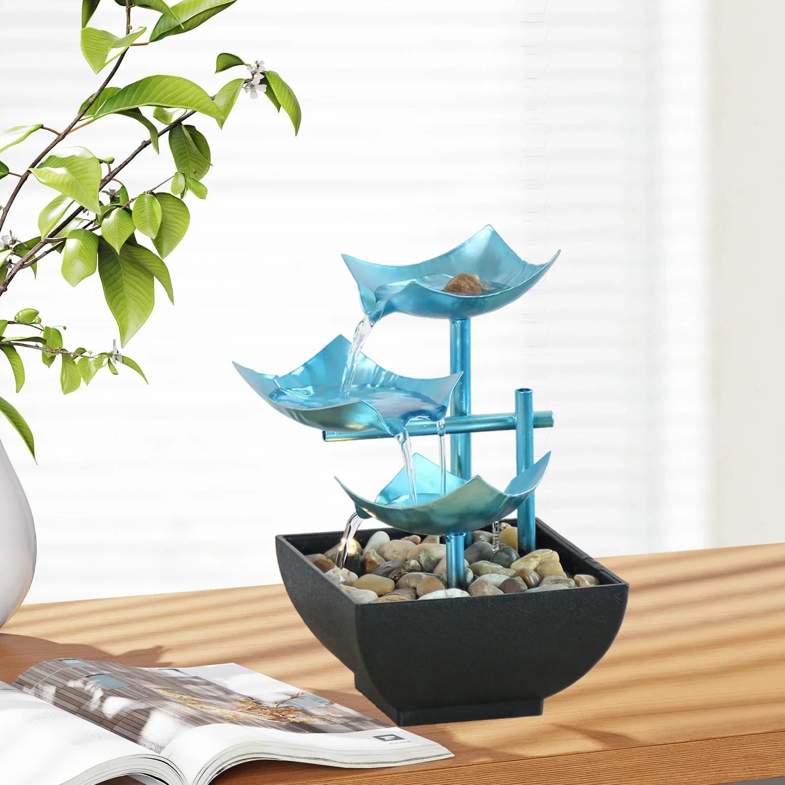 Menolana Indoor Tabletop Fountain Indoor Waterfall Fountain River Rocks Meditation Waterfall 3 Layer Fountain for Bedroom Desktop Living Room