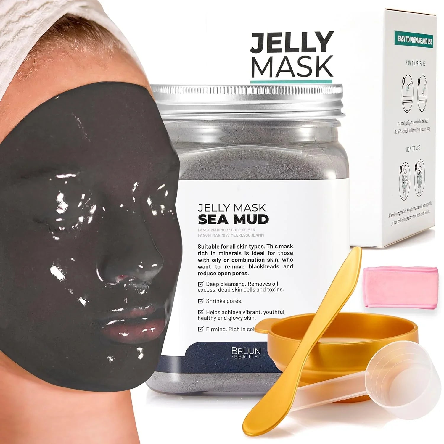 BRÜUN Jelly Mask Jar Sea Mud Peel-Off Face Care Rubber Mask | 23 fl oz Skin Care Moisturizing Gel Mask Jar Spa Set