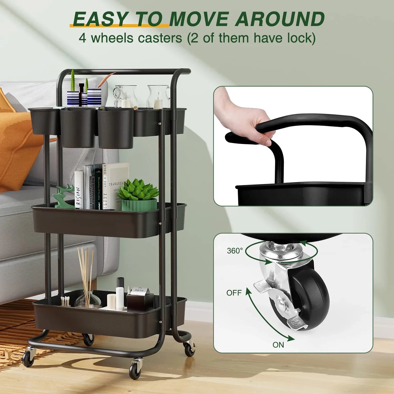 Annvchi  Utility Rolling Cart with Wheels3-Tier, Multi-Functional Storage Trolley, Storage Organizer Cart,  with Handle Multifunctional Storage Shelves for Kitchen Living Room Office Black
