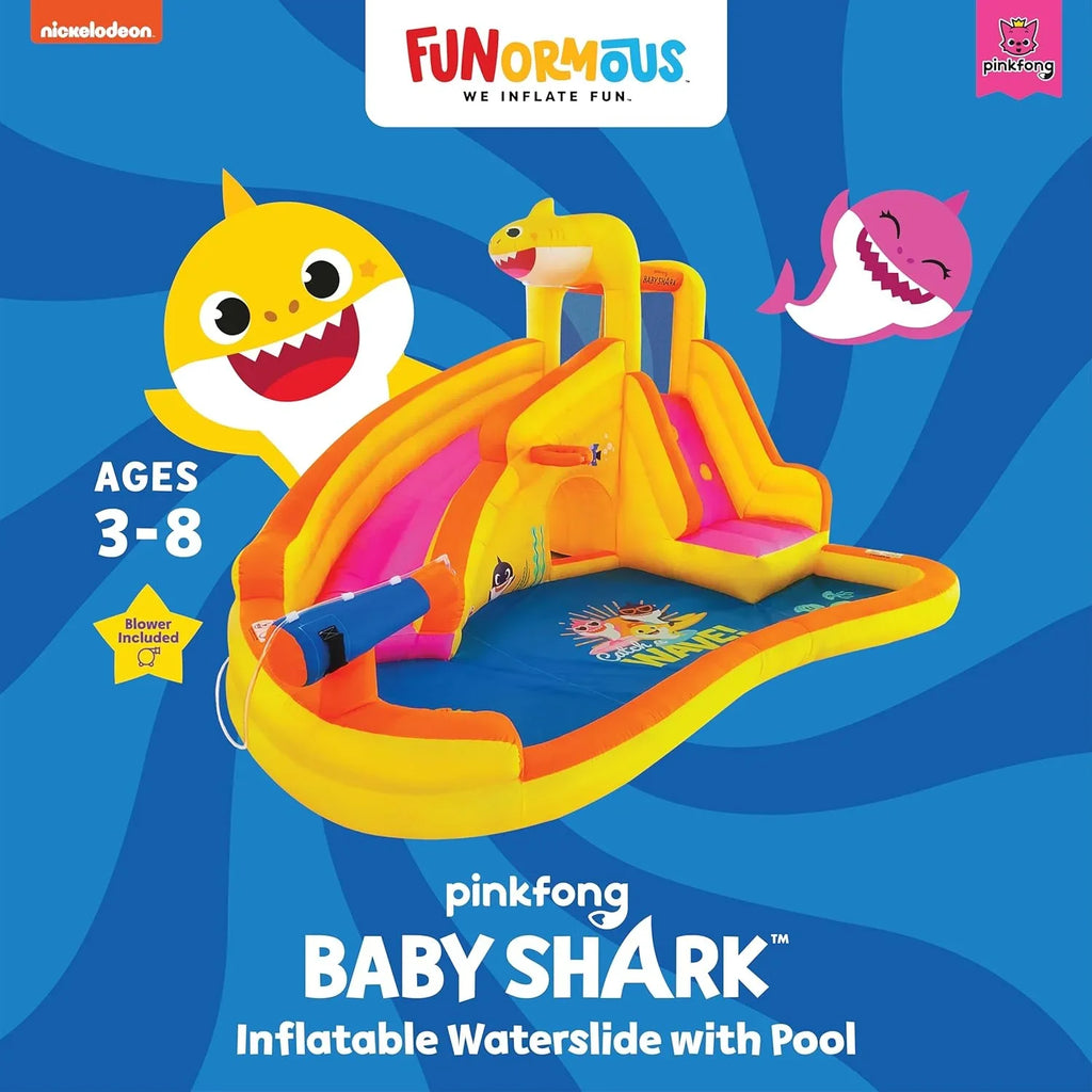 Funormous Baby Shark Bounce House with Slide Wet or Dry, Pink Fong InfLatitudeable Water Slide, Party Outdoor Curve Waterslide Fun, Kids Backyard Water Park, Includes Water Sprayer, Pool & Blower