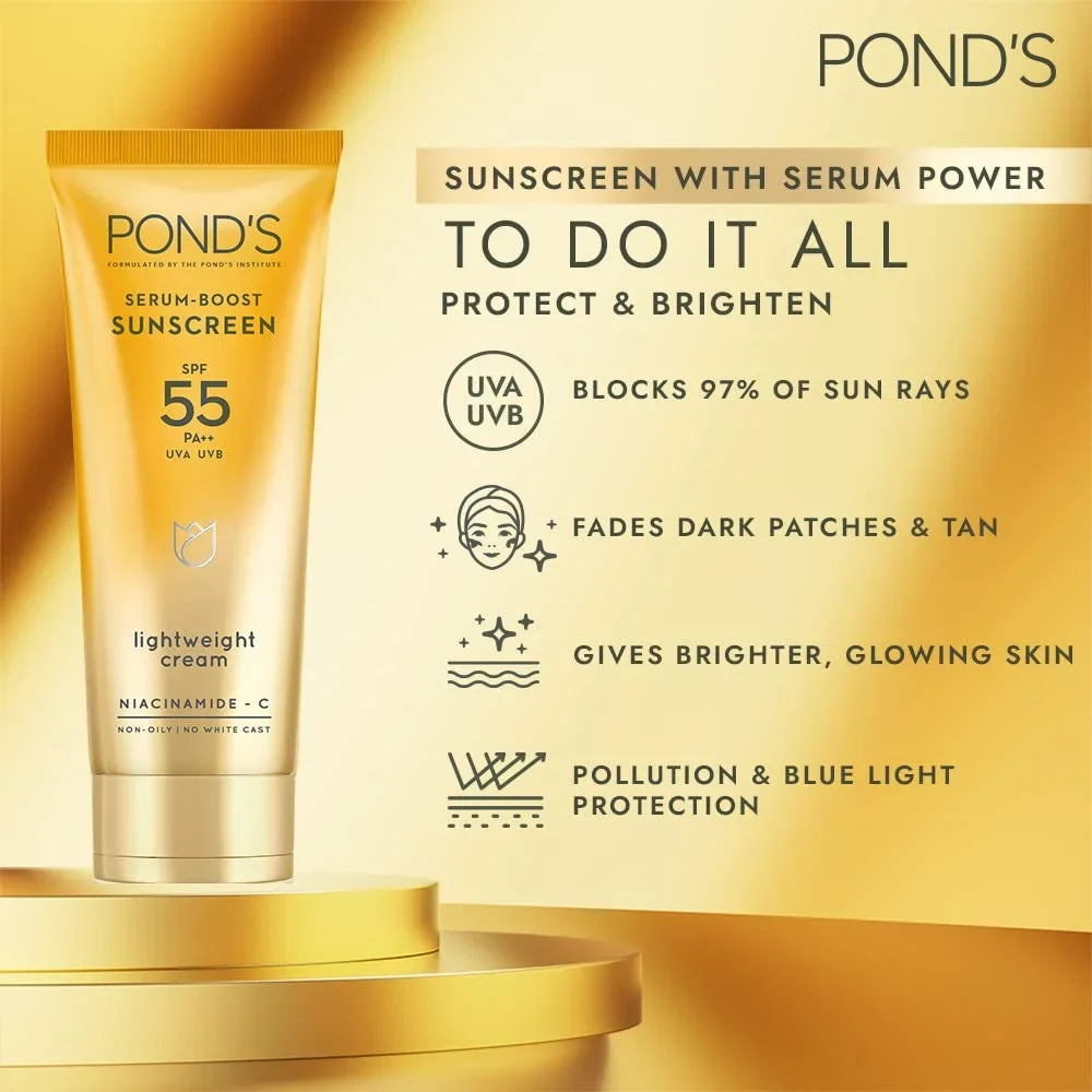 POND'S Serum boost sundisplay prevent and fade dark patches with the power of SPF 55 and NIACINAMIDE-C Serum 50g