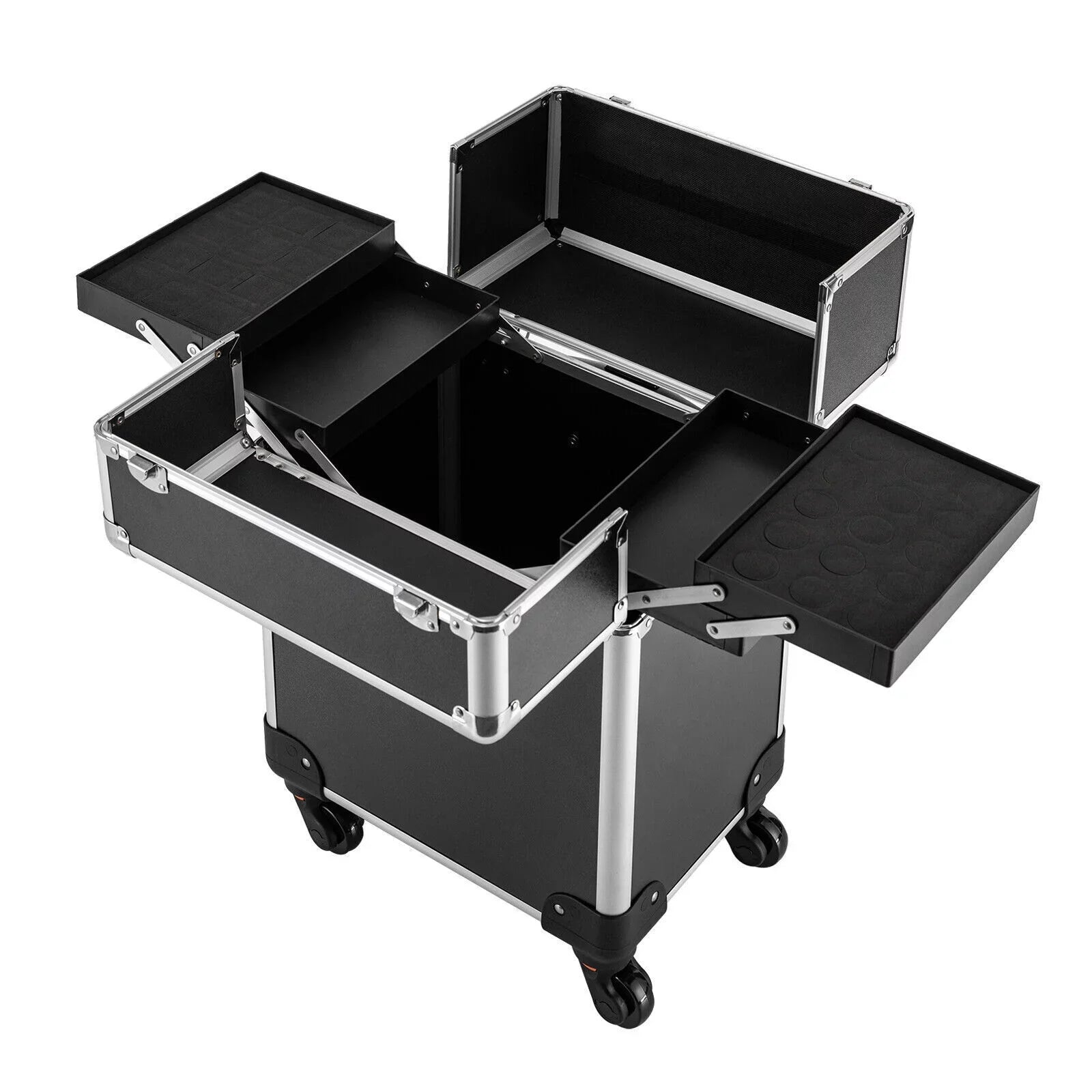 Rolling Lockable Makeup Train Case Hairdresser Trolley, Stylist Beauty Nail Salon Barber Case Cosmetic Luggage Travel Trunk Cart Organizer Tool Box with Swivel Wheels (Black)