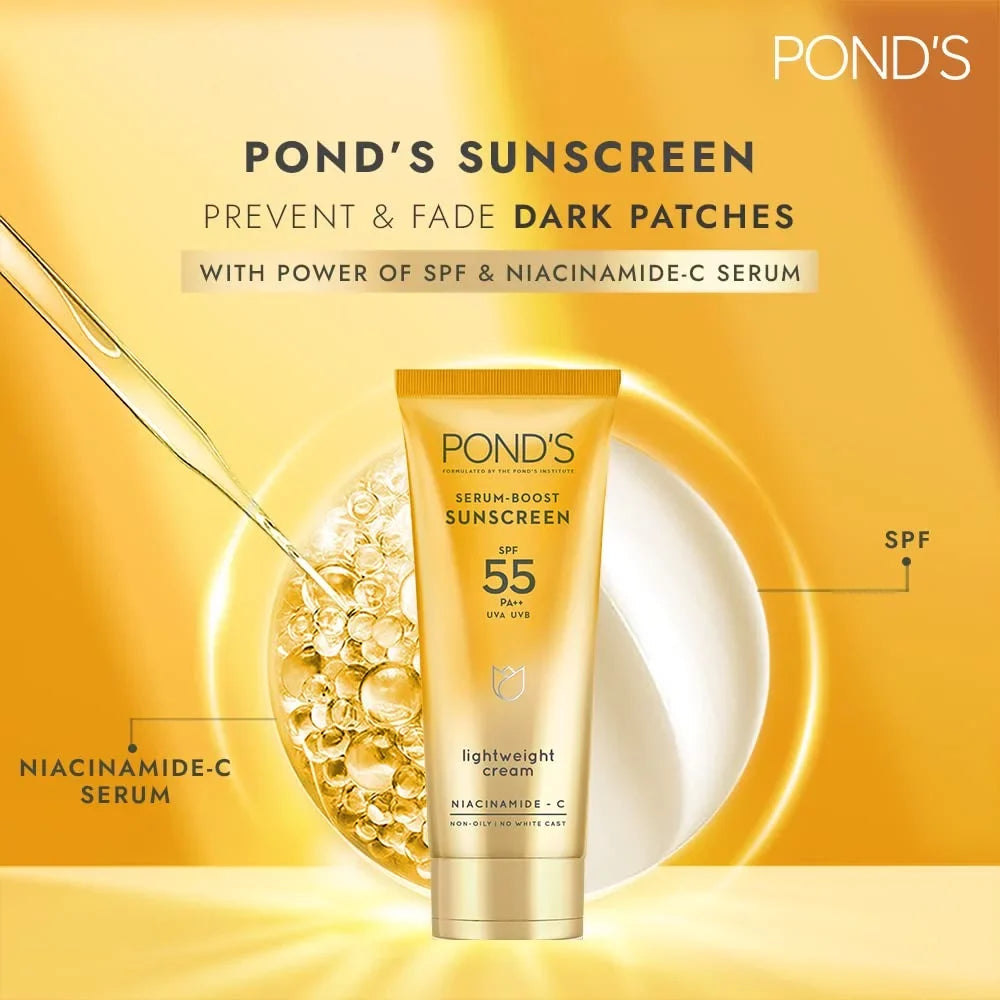 POND'S Serum boost sundisplay prevent and fade dark patches with the power of SPF 55 and NIACINAMIDE-C Serum 50g
