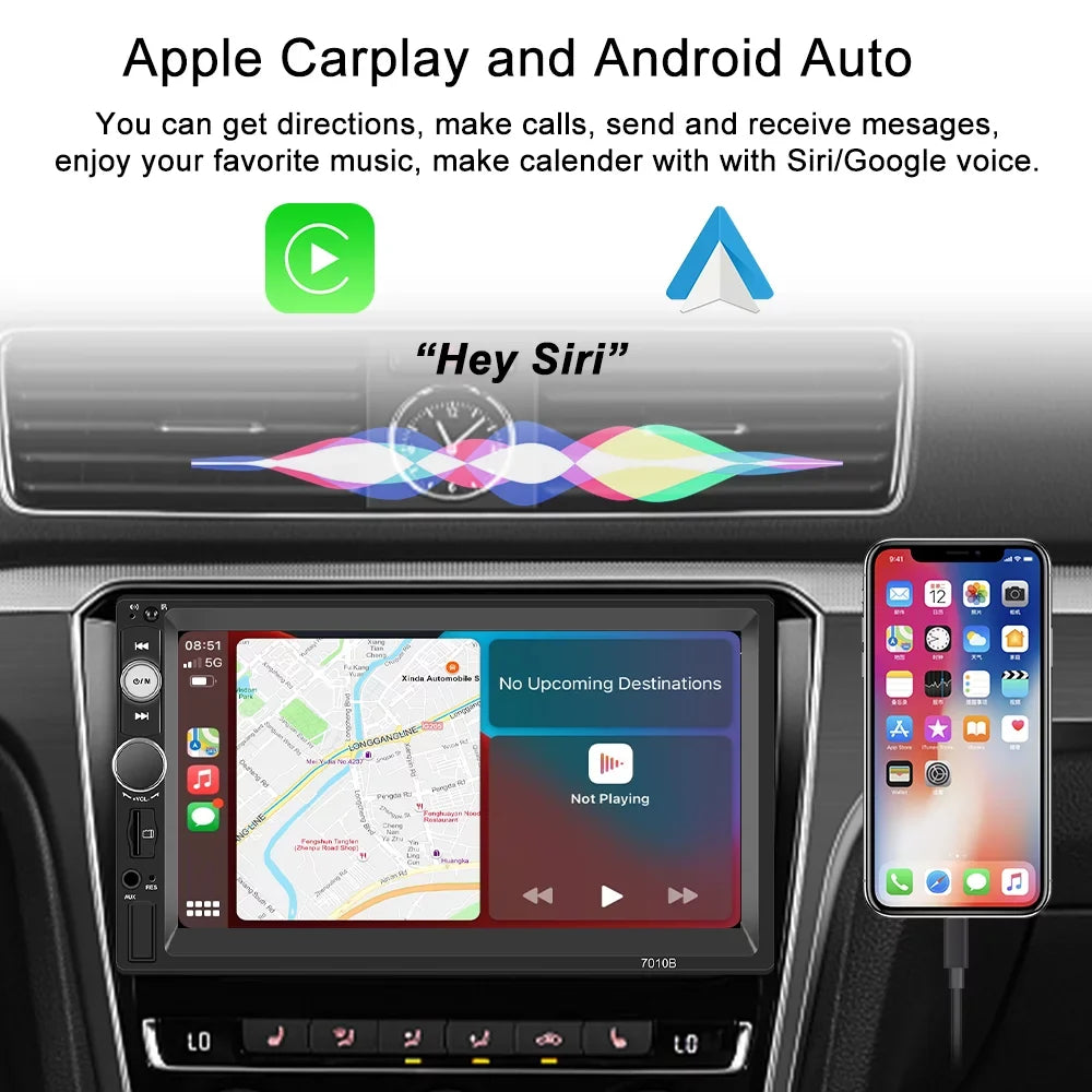Podofo Double 2 Din 7'' Universal Car Stereo Radio  Carplay Android Auto Mirror Link HD Touch Screen Car Audio Multimedia Player MP3 MP5 Bluetooth FM USB, with Backup Camera