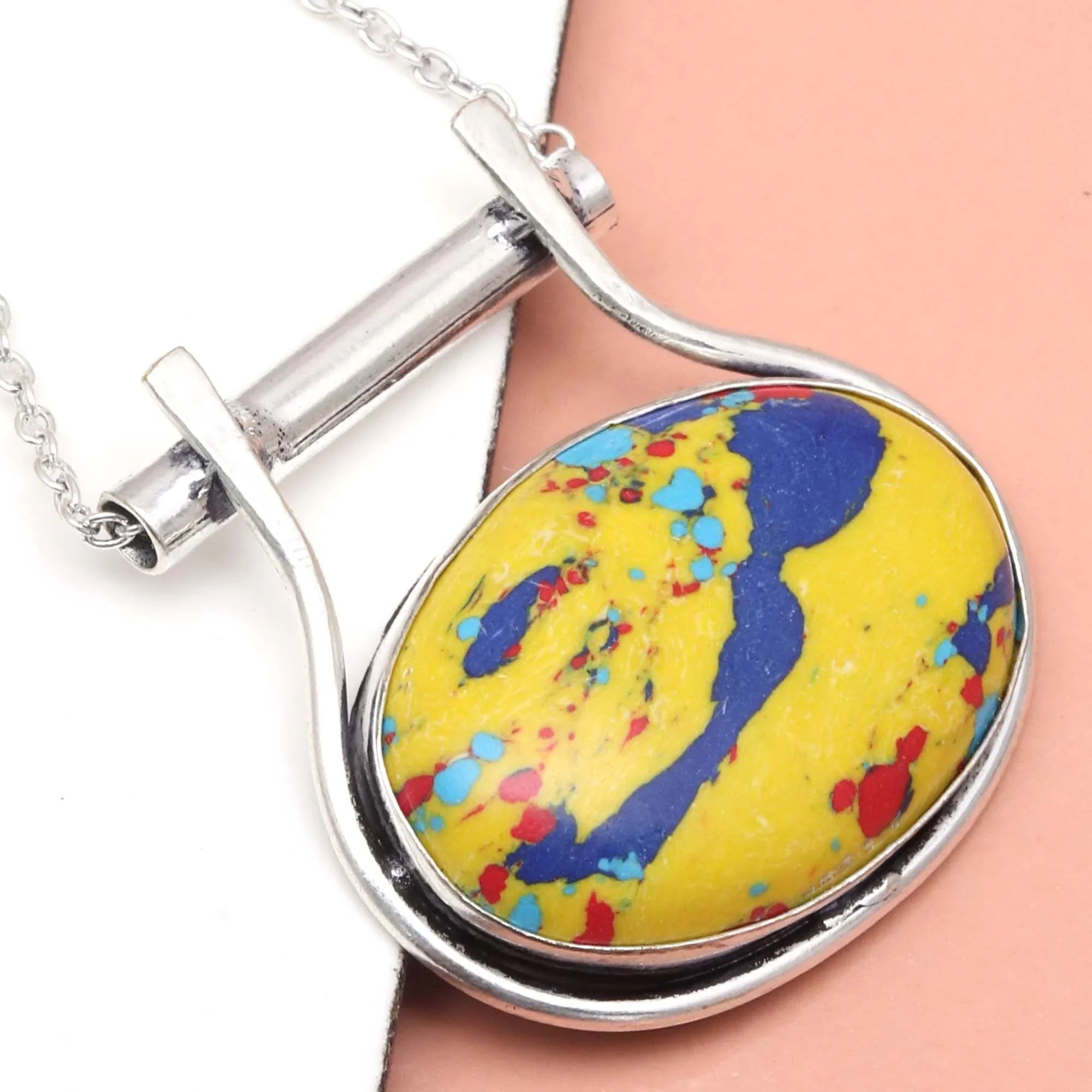 Mosaic Jasper Gemstone Mother's Day Handmade 925 Silver Jewelry Necklace 20 in