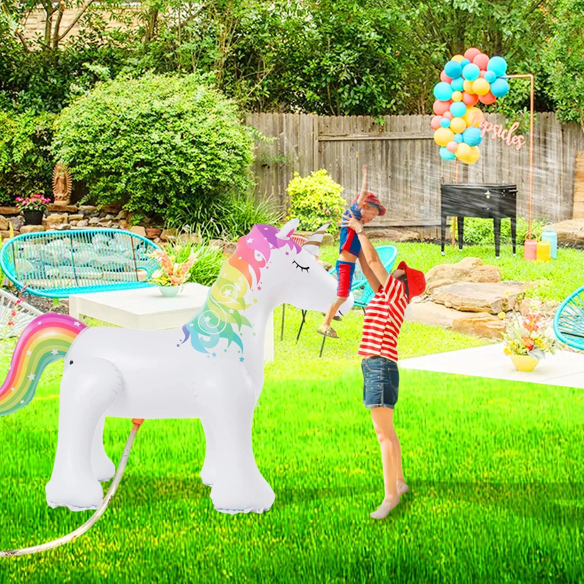 Irene InfLatitudeable Unicorn Yard Sprinkler, Unicorn Lawn Sprinkler for Kids (63 Inch Tall)