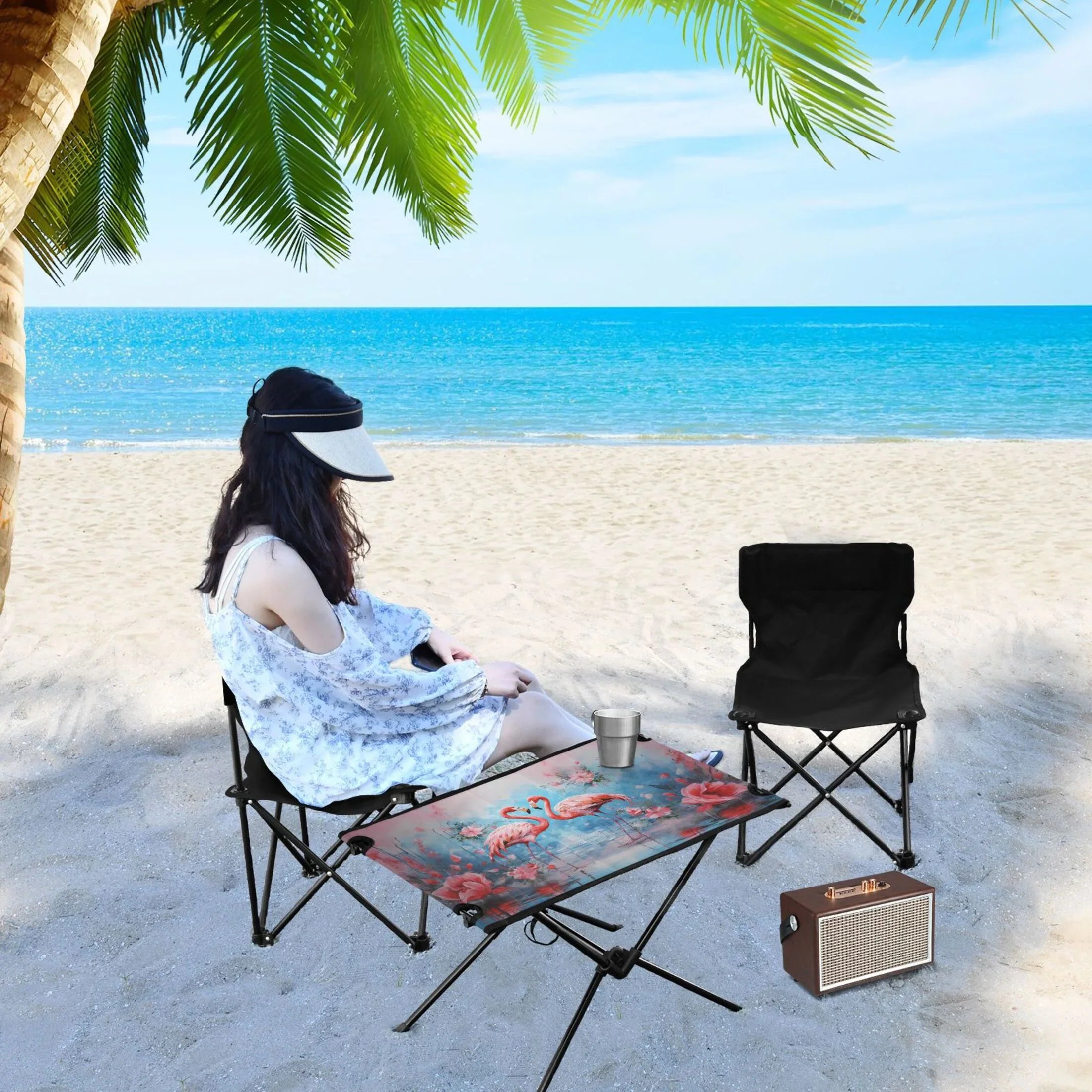 Flamingos and Flowers Camping Foldable Portable Table Beach Table with Storage Bag Compact Picnic Table for Outdoor Hiking Fishing BBQ
