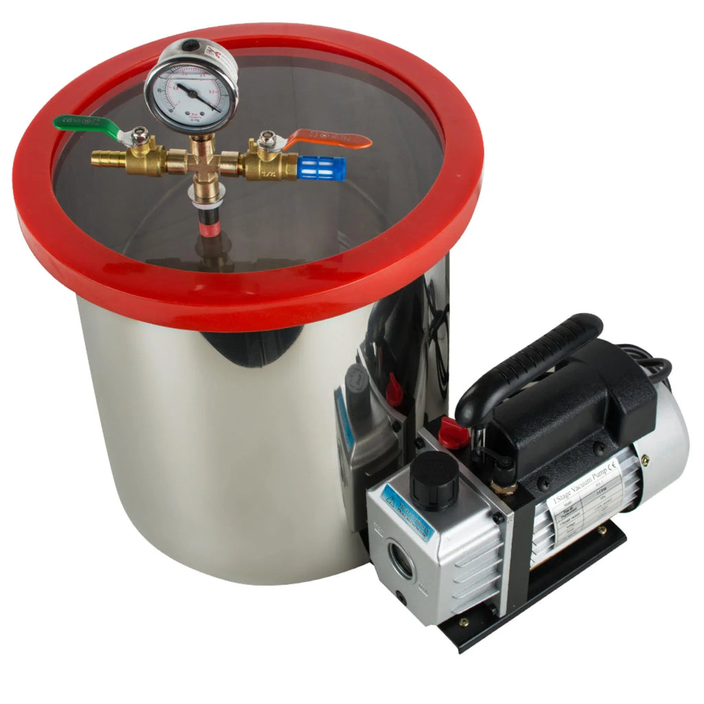 Efficiently Eliminate Air Bubbles with our Stainless Steel Silicone Machine & Powerful 3CFM Vacuum Pump - Ultimate 5 Gallon Vacuum Degassing Chamber Kit