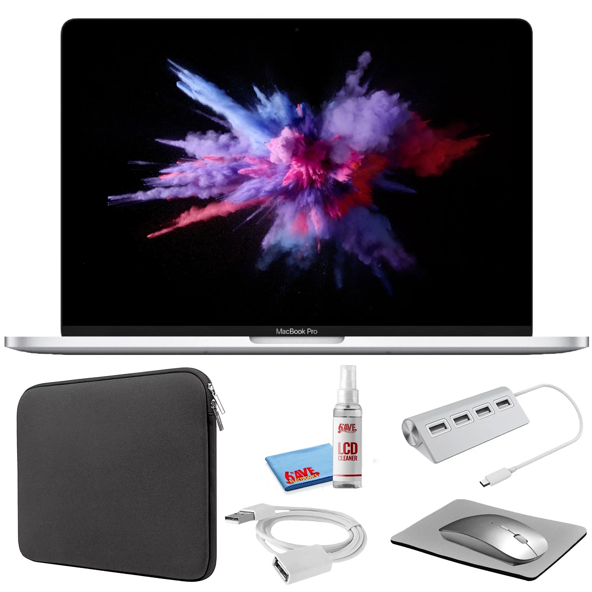 MacBook Pro 13-inch (i5 1.4GHz, 128GB SSD) (Mid 2019, MUHQ2LL/A) - Silver Bundle with Black Zipper Sleeve + Laptop Starter Kit + Cleaning Kit (Refurbished)