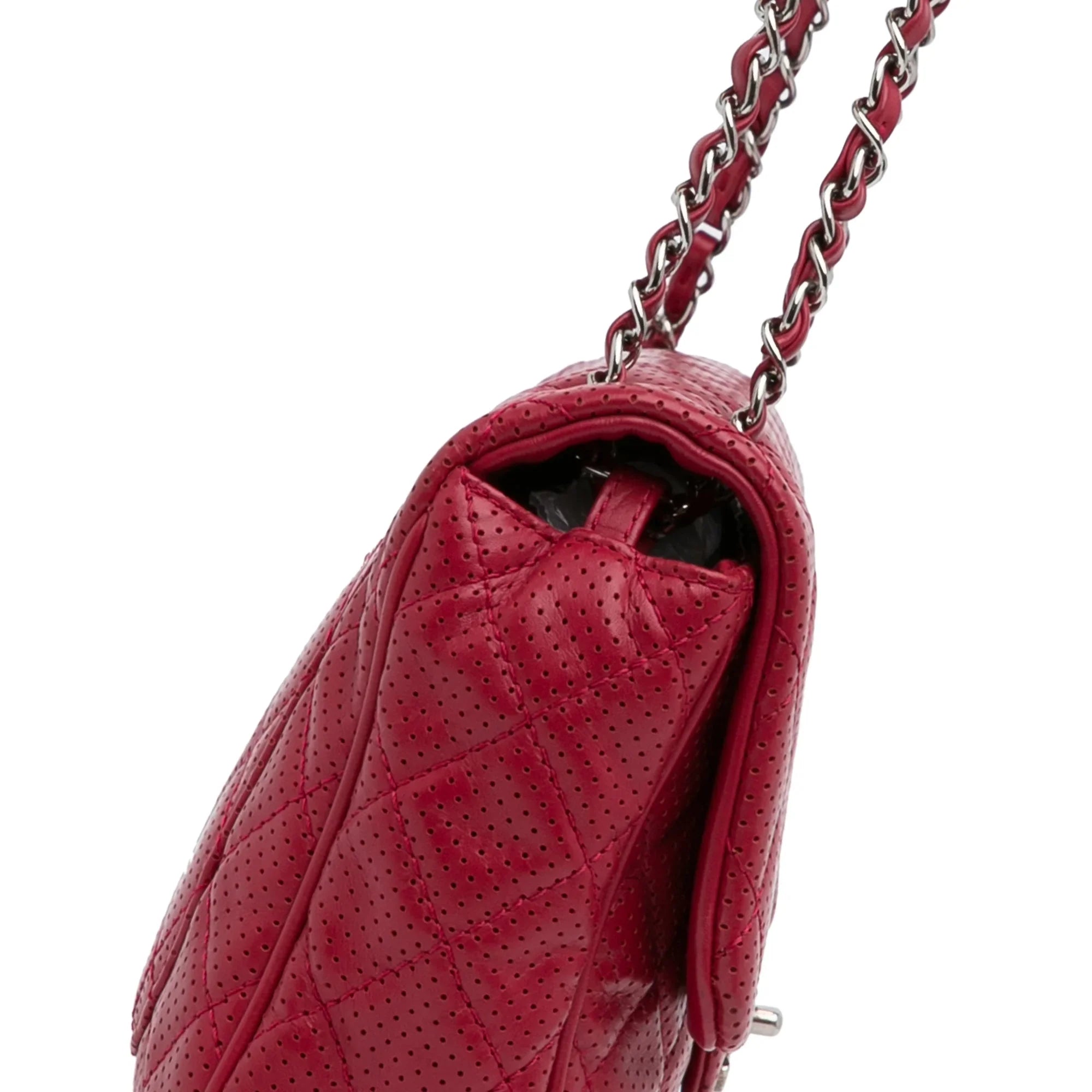 Pre-Owned Authenticated Chanel Jumbo Classic Perforated Lambskin Single Flap Leather Red Shoulder Bag Unisex (Good)