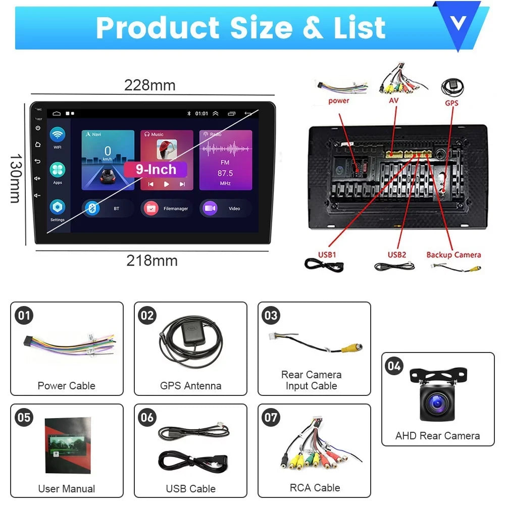Podofo 1+16G Double DIN 9'' Touchdisplay Car Stereo Radio Wireless Carplay Android Auto Mirror Link Android 12 HD 1080P WIFI GPS FM Bluetooth, AHD Backup Camera