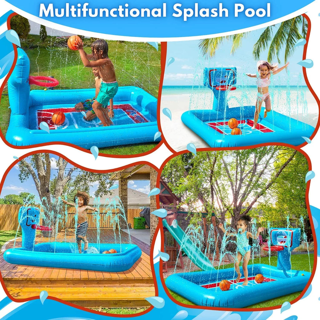 Splash Pool Pad With Sprinkler System, Hoop And 2 InfLatitudeable Basketballs - Splash Pad For Kids - Kids Summer Toys And Water 82-inch.