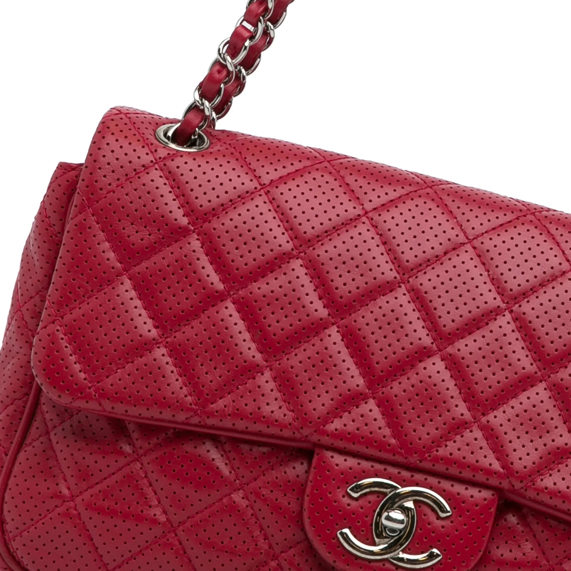 Pre-Owned Authenticated Chanel Jumbo Classic Perforated Lambskin Single Flap Leather Red Shoulder Bag Unisex (Good)