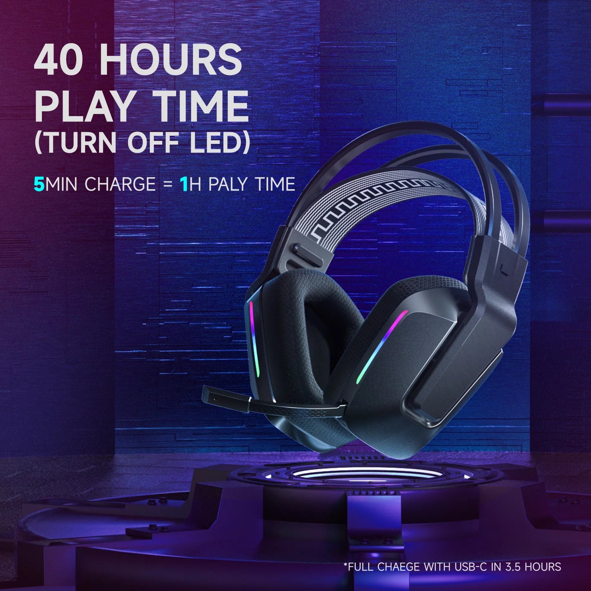 HTQ Wireless Gaming Headset with Noise-Cancelling Mic, RGB Lights 7.1 Surround Sound for PC, PS4/5, Nintendo Switch, 3.5mm Wired for Xbox One/Series x/s, 300g, Black