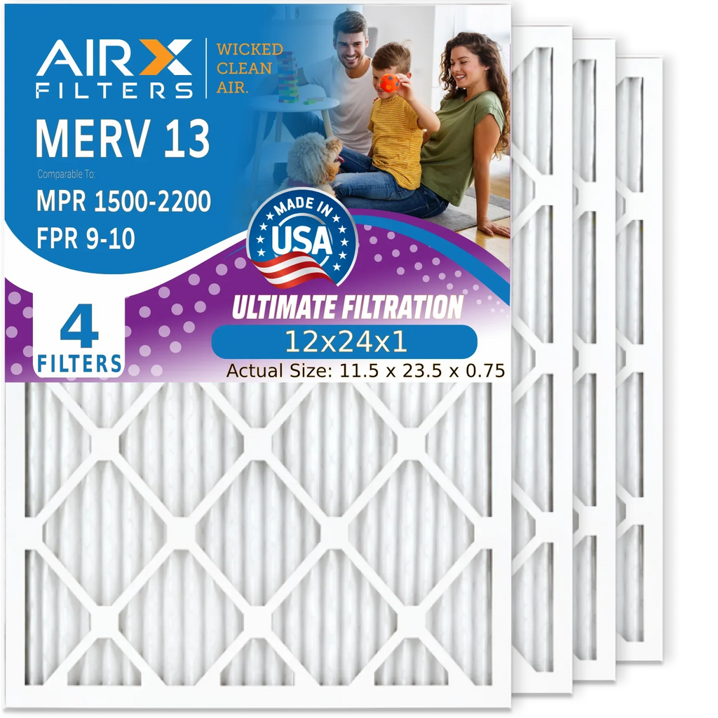 12x24x1 Air Filter MERV 13 Comparable to MPR 1500 - 2200 & FPR 9 Electrostatic Pleated Air Conditioner Filter 4 Pack HVAC AC Premium USA Made 12x24x1 Furnace Filters by AIRX FILTERS WICKED CLEAN AIR.