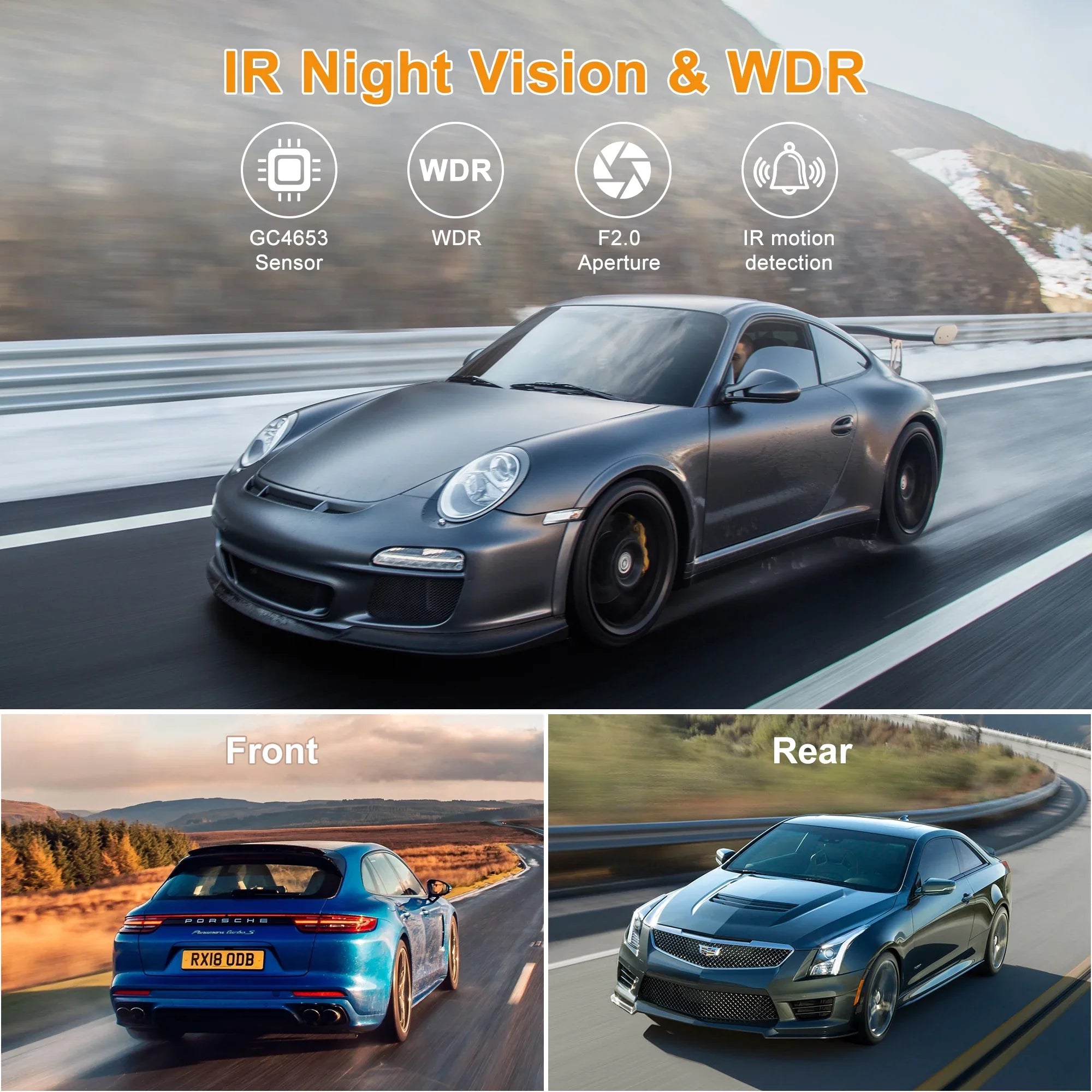 GCZ 4K Full HD Dash Cam For Car with WiFi and GPS, Front and Rear Dashcam with 3'' IPS Touchdisplay and Night Vision, G-Sensor, Loop Recording and 24H Parking Mode
