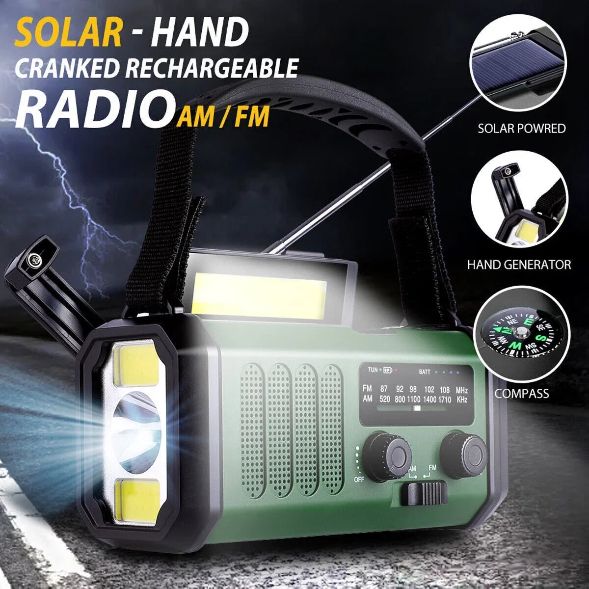 10000mAh Emergency Solar Hand Crank Weather Radio Power Bank Charger with Flashlight