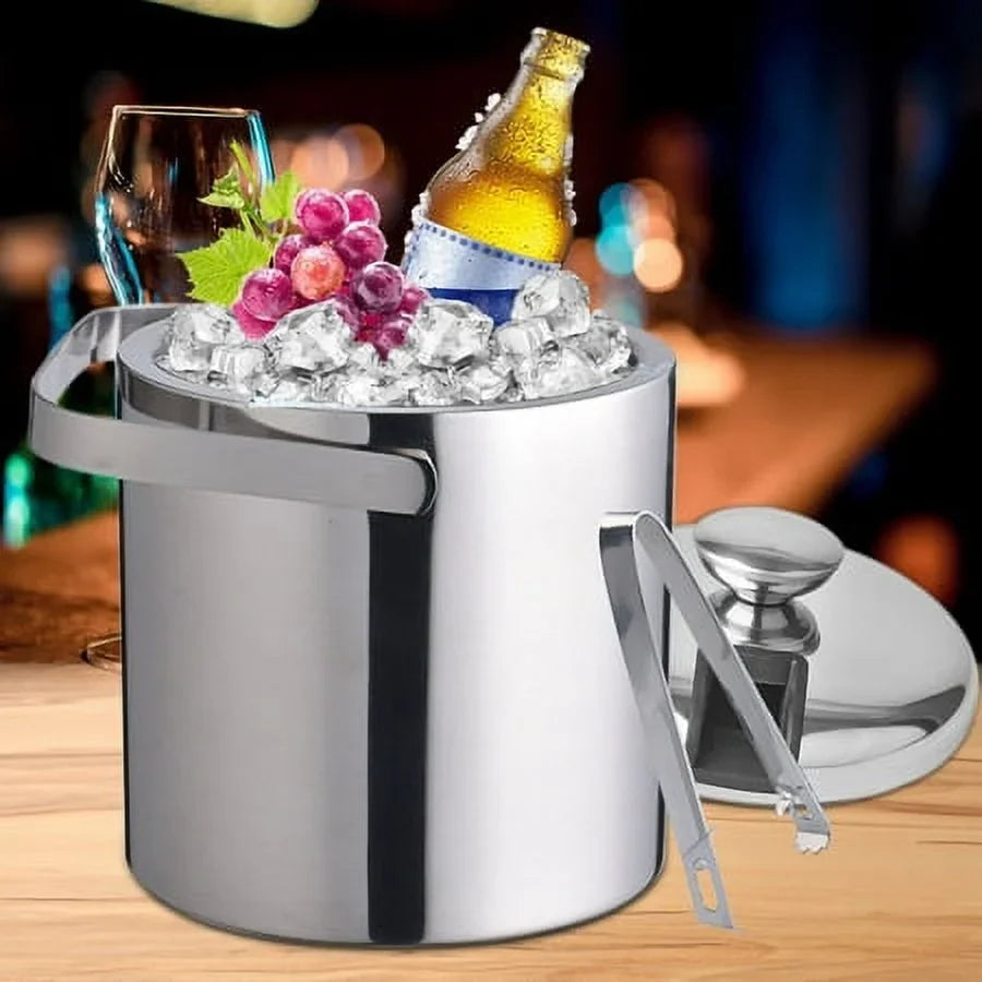 Double-Wall Stainless-Steel InsuLatitudeed Ice Bucket With Lid & Ice Tong 1300 ML