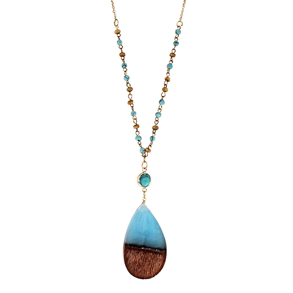Blue Box Boutique Inc Aqua Resin Wood Pendant Beaded Chain Necklace for Women, Tenes | Wood Anniversary Gift