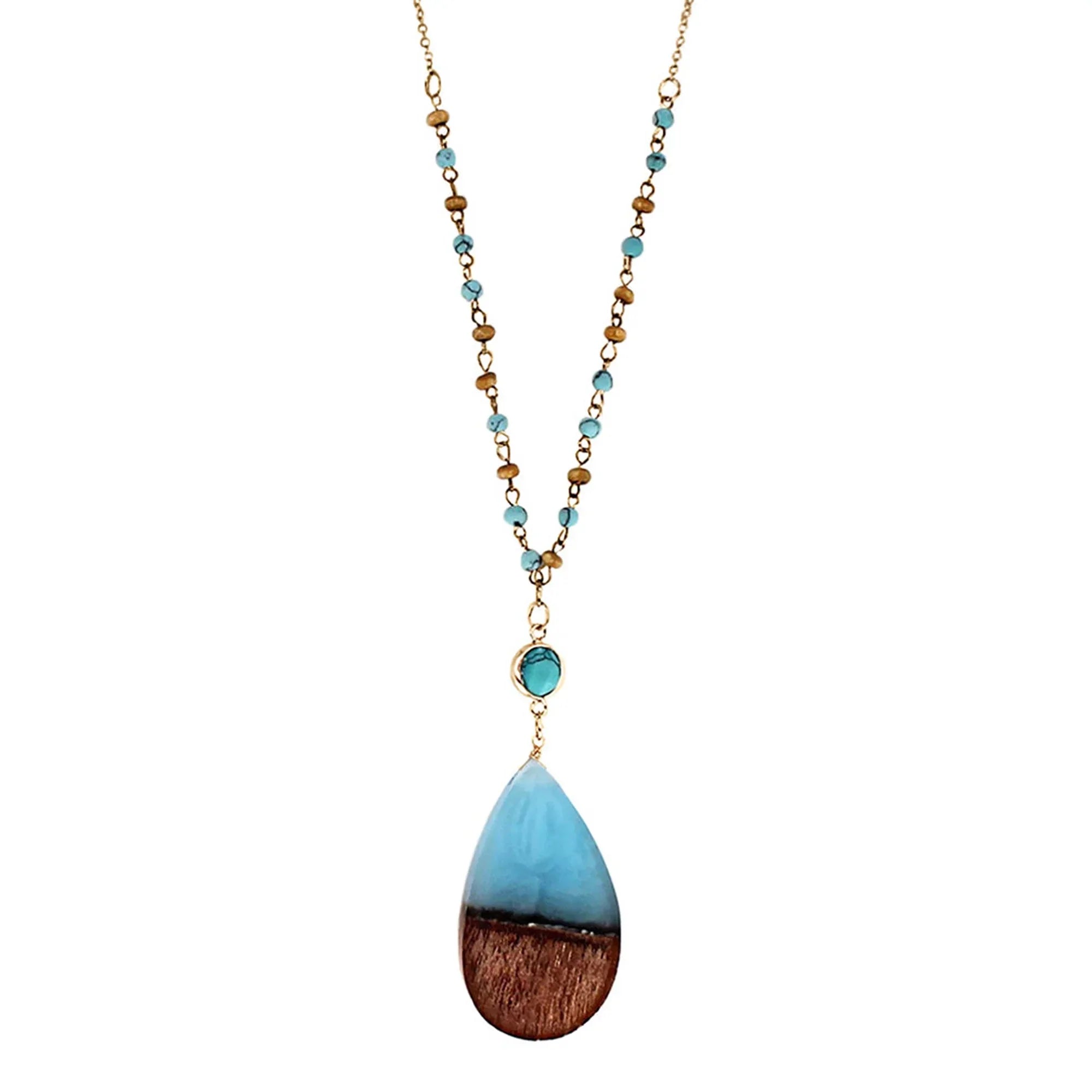 Blue Box Boutique Inc Aqua Resin Wood Pendant Beaded Chain Necklace for Women, Tenes | Wood Anniversary Gift