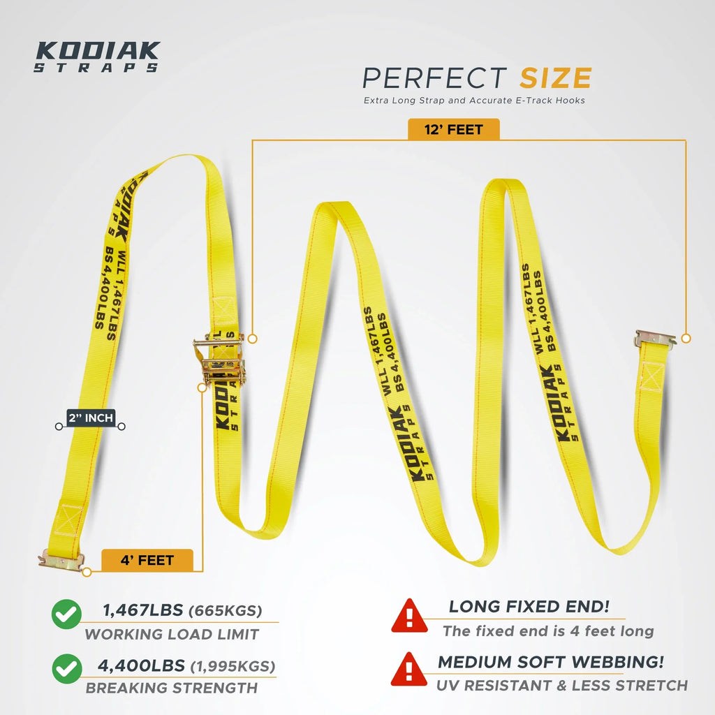 KODIAK STRAPS E Track Straps 2" x 16' Logistic Cargo Ratchet Straps, Trailer E Track Accessories, etrack Straps for Enclosed Trailer & Van (6 Pack)