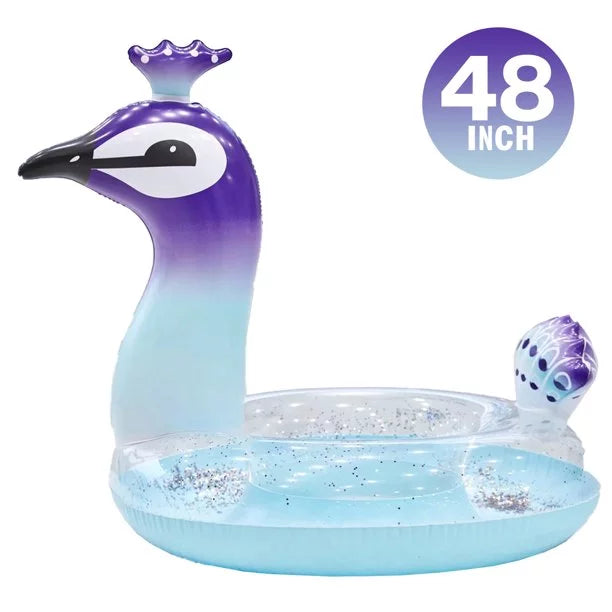 Melia Swim Party Toys InfLatitudeable Glitter Pool Float Peacock Designed with Fast Valves Lounge Raft Decorative Water Game Summer Beach Party for Kids | 48 Inch
