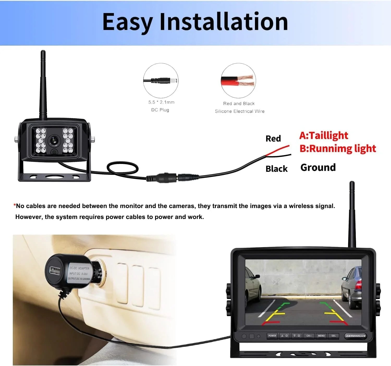 ZEROXCLUB Wireless Backup Camera 7'' 1080P HD LCD Monitor IP69 Waterproof Night Vision Parking System for RV/Truck/Trailer/Van/Bus SW01