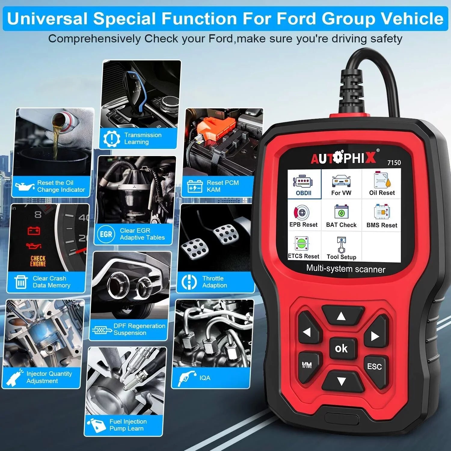AUTOPHIX 7150 OBD2 Scanner Code Reader All Systems Automotive Diagnostic Scanner ABS Battery TPMS Reset for Ford