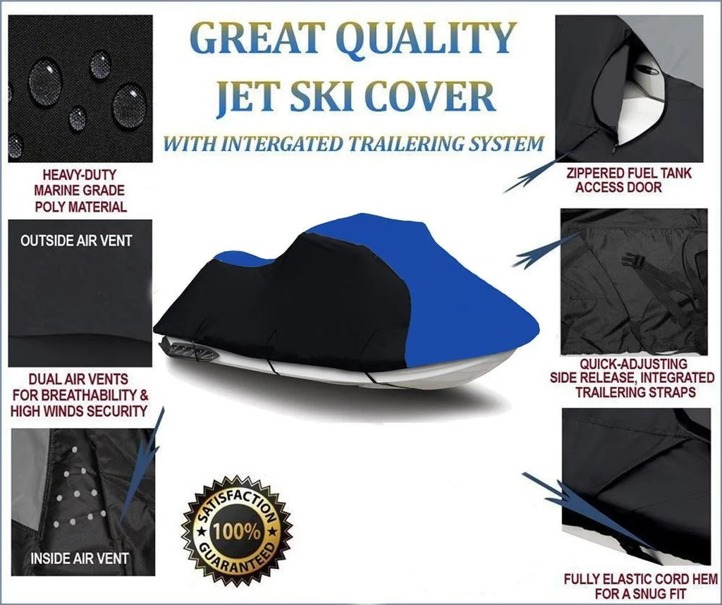 BLACK / BLUE HEAVY-DUTY, 600 DENIER Cover Compatible for Sea Doo Sea-Doo 1996 1997 2000 2002 GTX Jet Ski Watercraft Cover