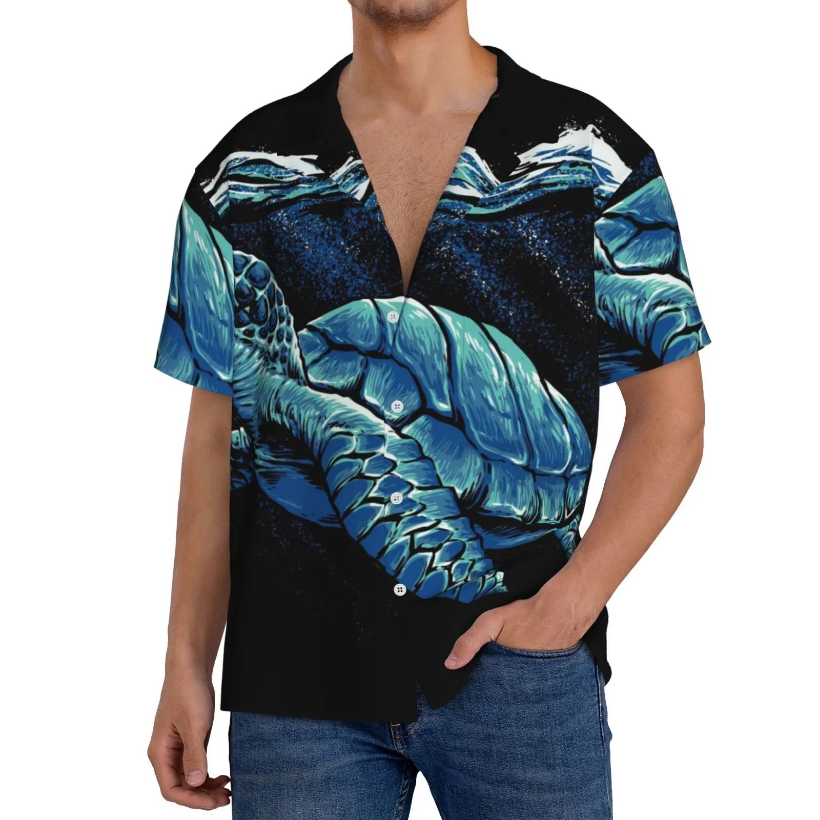 Easygdp Ocean Turtle Men's Casual Short-sleeved Shirt with Pocket and Button Suitable for Beach Vacation Leisure - XX-Large