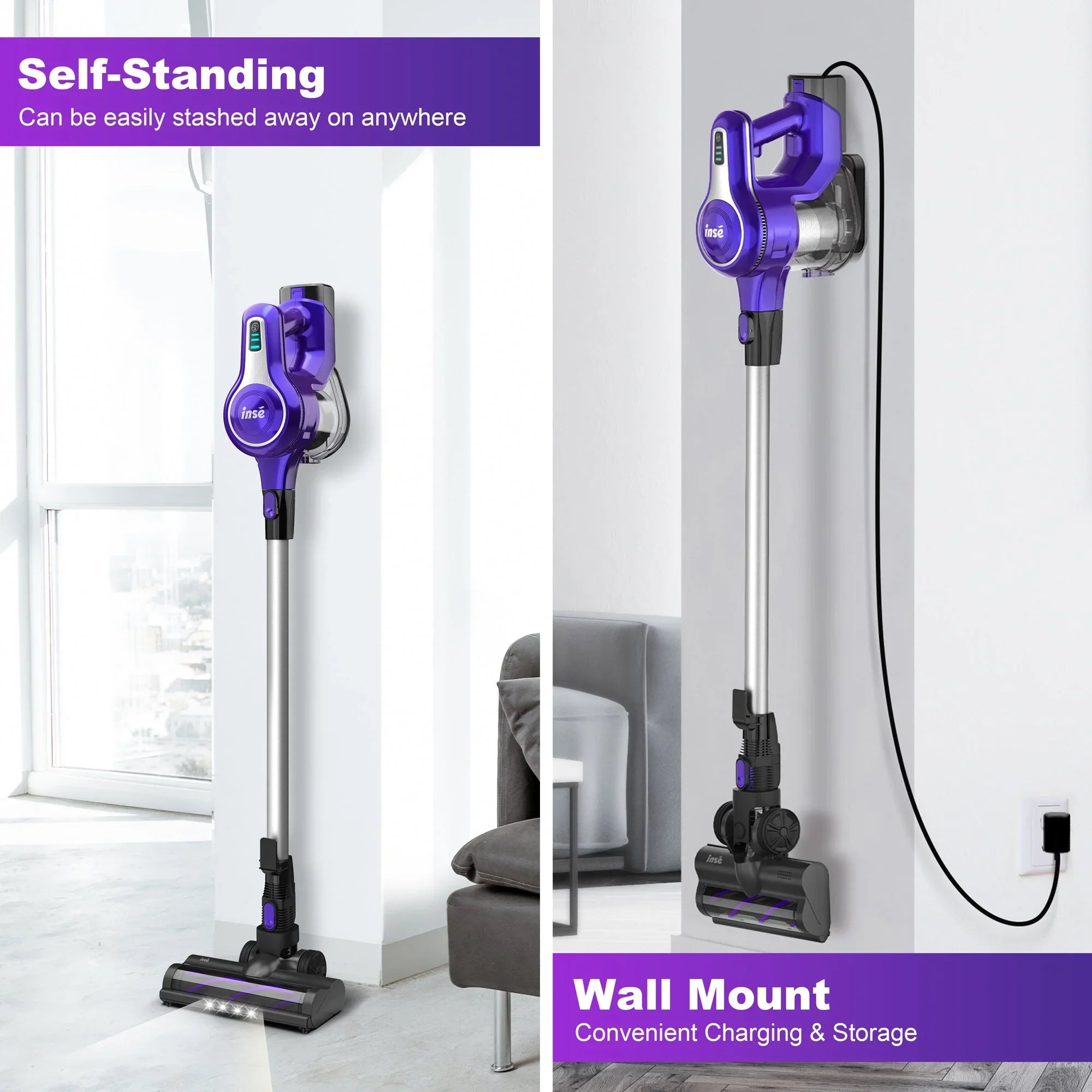 Cordless Vacuum Cleaner,10-in-1 Lightweight Handheld,23Kpa 250W Brushless Motor Stick Vacuum,Up to 45 Mins Runtime 2500mAh Rechargeable Battery for Carpet Hard Floor Pet Hair - Purple