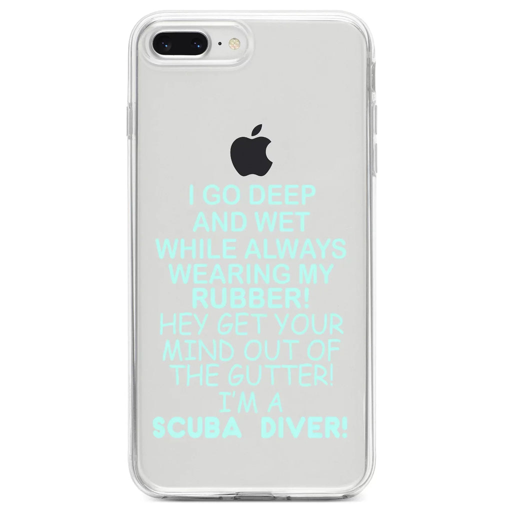 DistinctInk Clear Shockproof Hybrid Case for iPhone 7 PLUS / 8 PLUS (5.5" Screen) TPU Bumper Acrylic Back Tempered Glass Screen Protector - I Go Deep & Wet Wearing My Rubber Scuba Diving