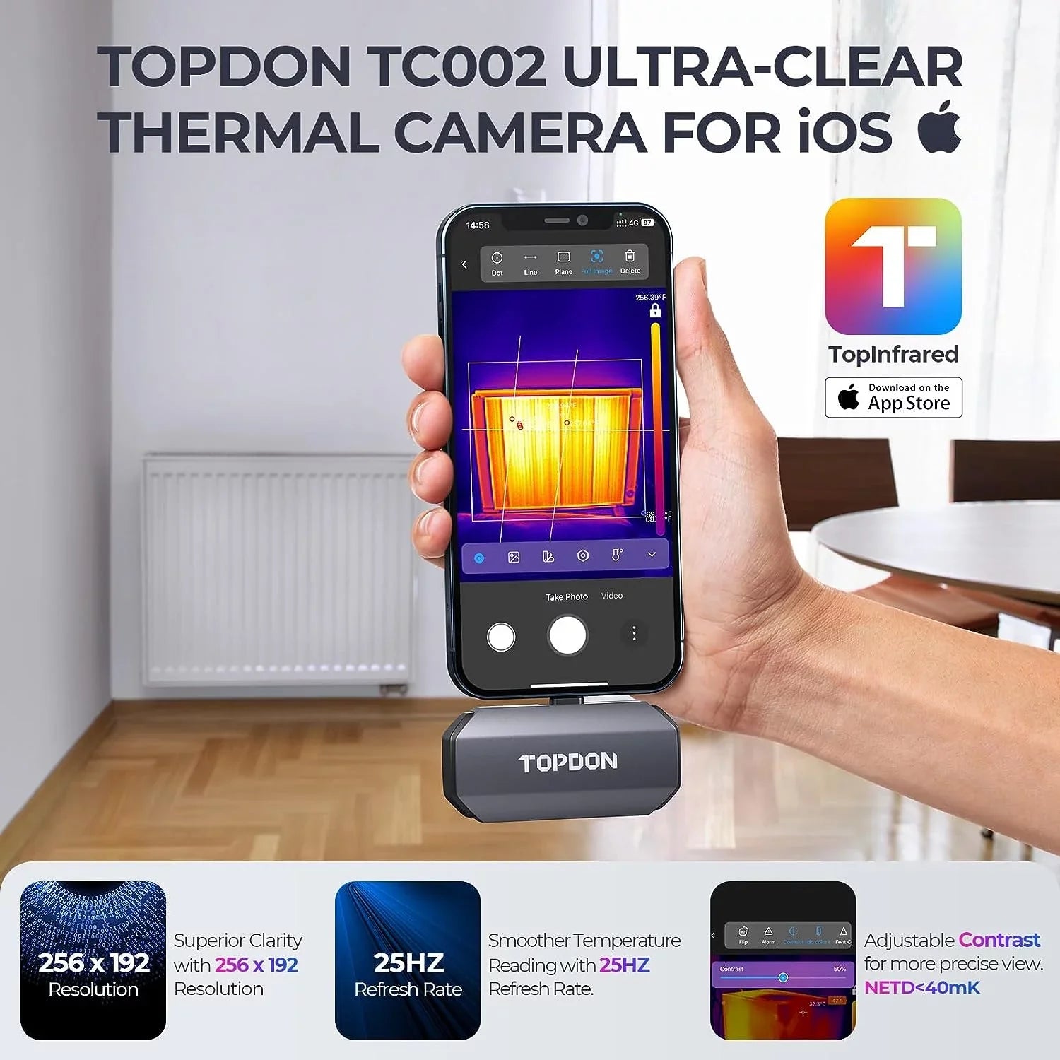 TOPDON TC002 Thermal Camera for iOS (iPhone & iPad) 256 x 192 IR High Resolution Thermal Imaging Camera, 40mk Thermal Sensitivity -4F~1022F Temperature Range