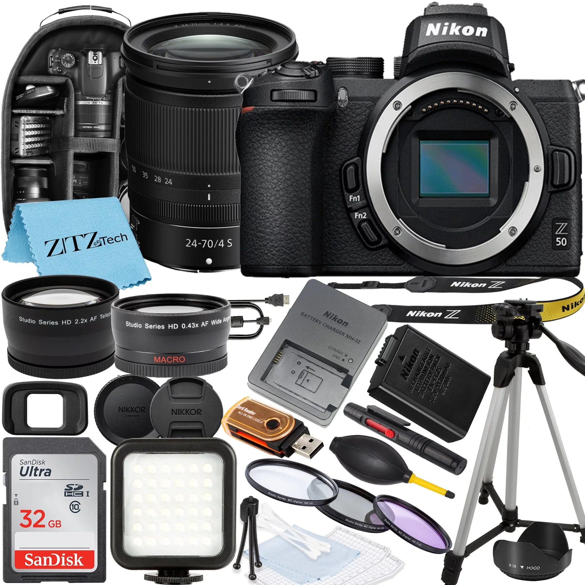Z50 Mirrorless Camera with NIKKOR Z 24-70mm f/4 S Lens, SanDisk 32GB Memory Card, Backpack, Flash, Tripod and ZeeTech Accessory Bundle