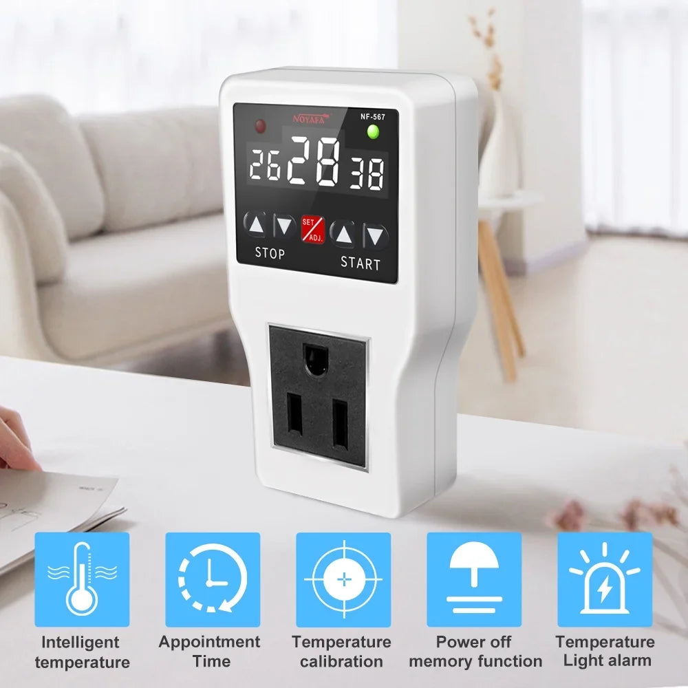 Shinysix Temperature Controller Socket with Timer Switch, NOYAFA NF-567 Digital Thermostat 800W 10A, Cooling Heating Temperature Sensor Plug – Ideal for Home Appliances