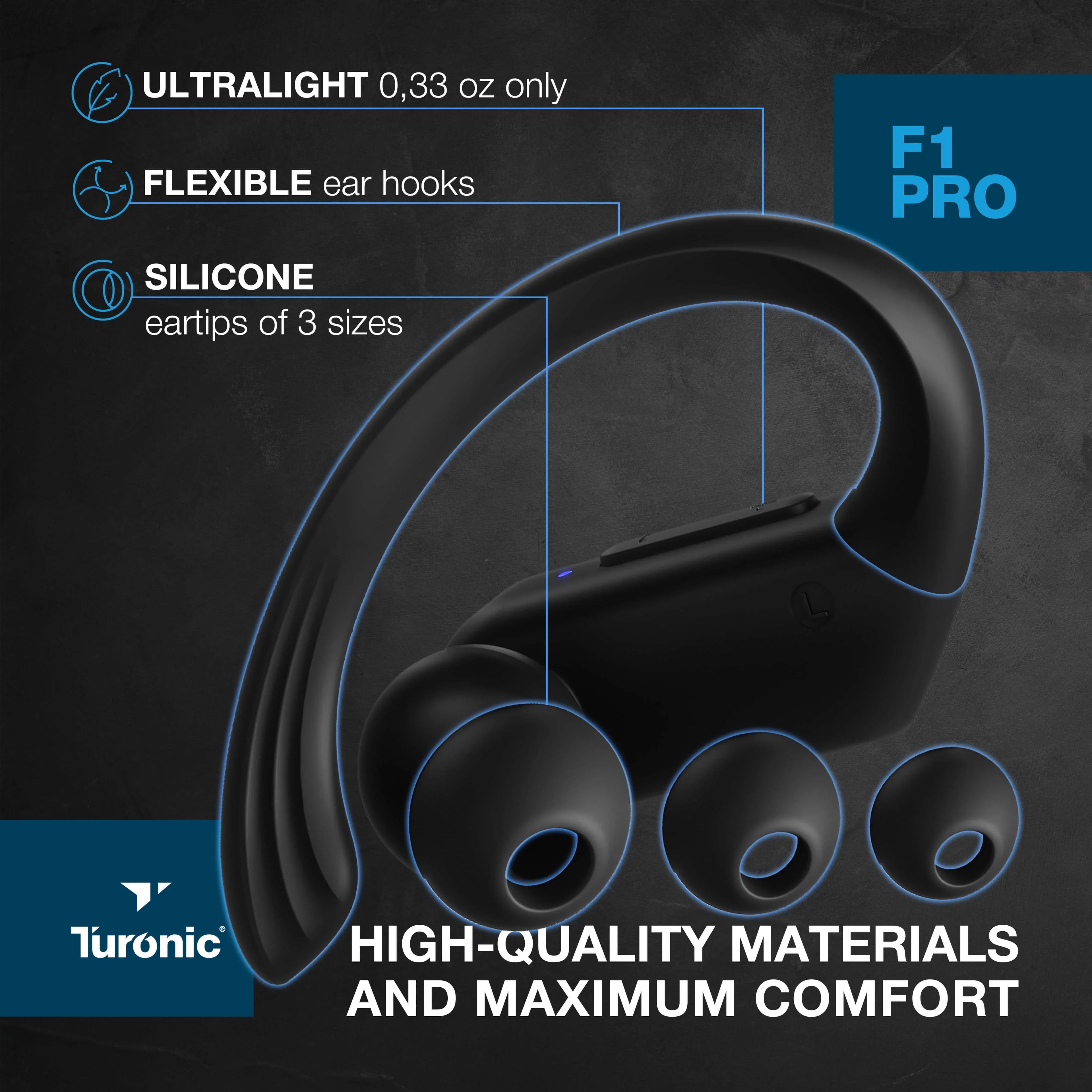 Turonic F1 Pro - True Wireless Earbuds - 45H Playtime, Charging case, Mic, IPX7 Waterproof Bluetooth Headphones w/Microphone - Sport Wireless Earphones with Earhook for Gym, Running, Workout - Black