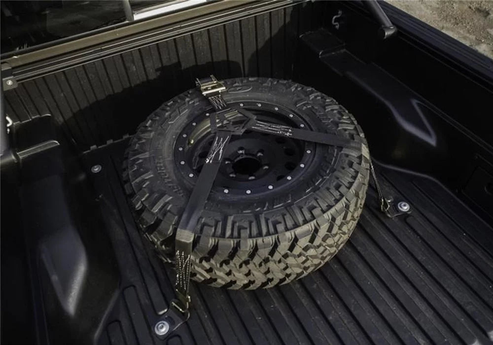 N-Fab by RealTruck Bed Mounted Rapid Strap Tire Carrier With Black Strap | Gloss Black | Bm1Tsbk | Universal Fit