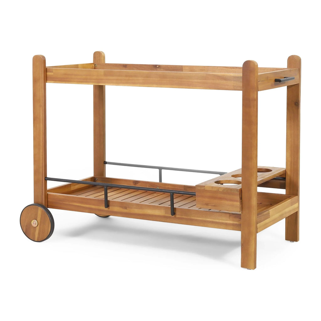 GDF Studio Bonneau Outdoor Acacia Wood 2 Tiered Bar Cart with Bottle Holders, Teak and Black